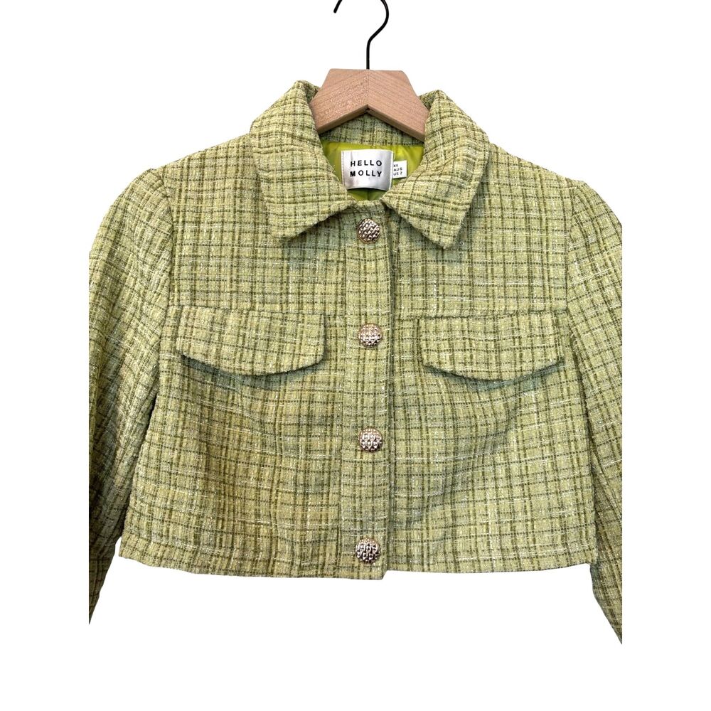 Hello Molly Lime Green Coquette Preppy Tweed Cropped Collared Blazer Jacket XS - Picture 4 of 7